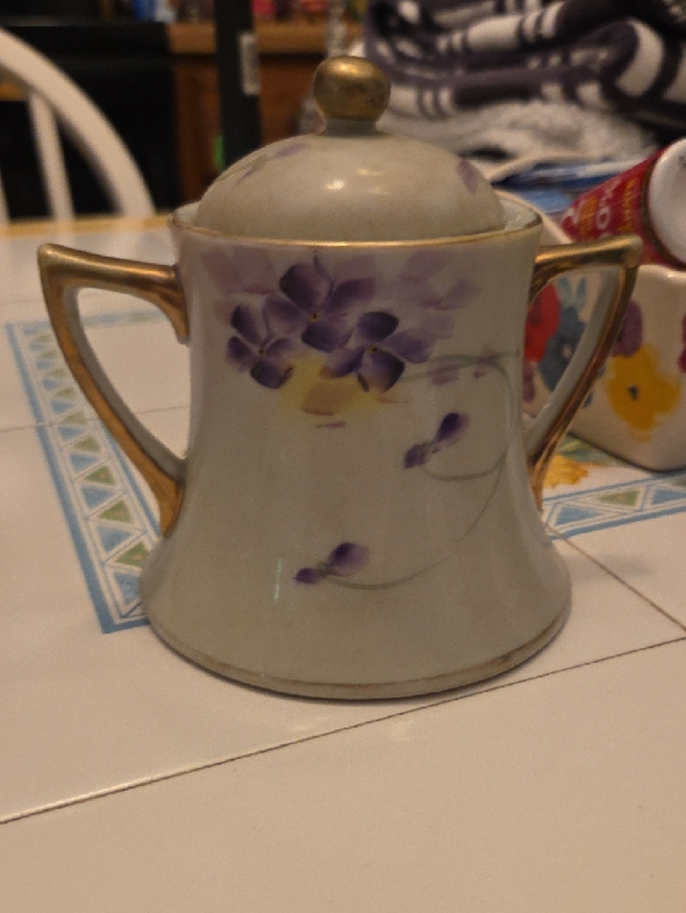 Porcelain Creamer, Sugar & Lidded Bowl Set with Purple Floral Motif - Picture 3 of 5